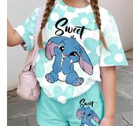 Set casual da 2 pezzi composto da maglietta a maniche corte e pantaloncini con stampa floreale sfumata, motivo del coniglio blu kawaii e stitch, adatto per l'estate, stile casual da campus e sport, pi