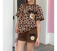Set casual da 2 pezzi composto da maglietta a maniche corte e pantaloncini, con stampa vintage di cuori rosa, leopardo e fiori, adatto per ragazze adolescenti, ideale per primavera/estate, outfit esti