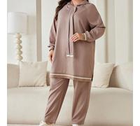 Set casual da 2 pezzi con top a maniche lunghe e cappuccio e pantaloni lunghi con finitura a contrasto di colore, stile Middle East, taglie comode 1XL,2XL,3XL,4XLBlocchi di colore,A strisceTessuto int