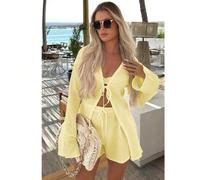 Set casual da 2 pezzi di colore unito minimalista da donna, adatto per vacanze, elegante design annodato, adatto per spiaggia, uscite serali, ufficio, casa, giardino, strada, primavera/estate, San Val