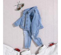 Set casual da 2 pezzi per bambini maschi, composto da giacca di jeans a maniche lunghe con risvolto e strappi, e jeans skinny blu con strappi e alta elasticità, versatile per indossare in autunno e al