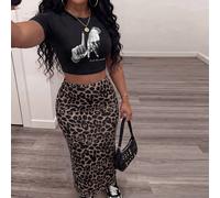Set casual da 2 pezzi per donna taglie forti con t-shirt corta a maniche corte con stampa a gesti e gonna con stampa leopardata per festival musicale 0XL,1XL,2XL,3XL,4XL,5XLRitratto,Motivo strutturato