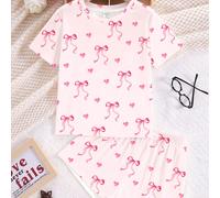 Set casual da 2 pezzi per ragazza pre-adolescente, con stampa minimalista a cuori e fiocchi, maglietta a maniche corte e pantaloncini, adatto per primavera/estate, occasioni quotidiane, feste, San Val