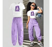 Set casual da 2 pezzi per ragazze adolescenti, composto da t-shirt a maniche corte con collo rotondo e stampa di personaggi dei cartoni animati, e pantaloni cargo 8Y,9Y,10Y,11Y,12YRitratto,Lettere,Pia