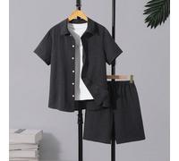 Set casual da 2 pezzi per ragazzi adolescenti, composto da camicia a maniche corte rossa e pantaloncini, adatto per la primavera/estate e le vacanze 14Y,12Y,13Y,16Y,15YA strisceTessuto intrecciato