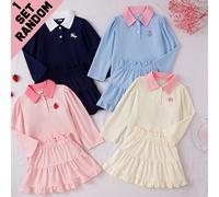 Set casual da 4 pezzi per ragazze giovani, maglietta a maniche corte con colletto polo, stile dolce, carino, minimalista ed elegante, scollo colorblock con fiocco ricamato e decorazione toppe, gonna c