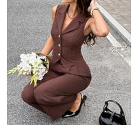 Set casual da donna composto da canotta con collo a lupetto e pantaloni in tinta unita, 2 pezzi, adatto per l'estate L,M,S,XSColore unicoTessuto intrecciato