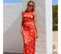 Set casual da donna composto da canotta senza maniche con stampa a cuori e lettera d'amore e minigonna aderente con motivo a cuori, adatto per uscite, vacanze, San Valentino L,M,S,XSLettere,PianteTess