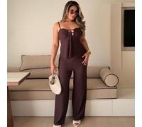 Set casual da donna composto da top a canottiera con lacci color cachi e pantaloni larghi e dritti comodi, set di 2 pezzi, top color marrone cioccolato o marrone scuro, outfit popolare su Pinterest L,