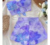 Set casual da donna con top alla bandana con fiocco e minigonna aderente, adatto per l'estate, colore viola ibisco, adatto per le vacanze L,M,S,XSColore unicoTessuto in maglia