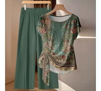 Set casual da donna in 2 pezzi, camicia e pantaloni, con stampa floreale verde, stile bohémien - Elegante e romantico, vintage, adatto per primavera/estate, vacanze al mare, matrimoni in stile tropica