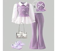 Set casual da ragazza per primavera/autunno, camicia 2 in 1 con fiocco 3D bianco, patchwork in tessuto lavorato a maglia spazzolato a costine viola e tessuto intrecciato, maniche lunghe bianche con co