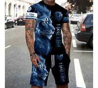 Set casual da uomo con maglietta a maniche corte con grafica leone e lettera e pantaloncini per uso quotidiano L,M,S,XL,XS,XXLAnimale,LettereTessuto in maglia