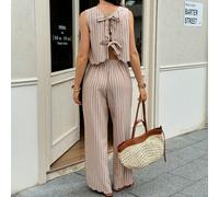 Set casual da vacanza da donna composto da canotta a righe e pantaloni, top senza maniche con fiocco e laccio sulla schiena e pantaloni a zampa larga, set casual boho con top corto senza maniche a rig