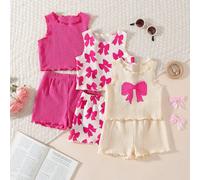 Set casual di 6 pezzi per bambine da 0-3 anni, tessuto morbido, canotta senza maniche abbinata a pantaloncini. Adatto per uso quotidiano, uscite e vacanze, albicocca, stampa fiocco bianco, nero, tre c