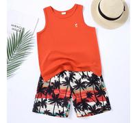 Set casual due pezzi: Maglietta senza maniche con stampa albero per ragazzo preadolescente e pantaloncini hawaiani con vita elastica per l'estate 11-12Y,8-9Y,5-6Y,6-7Y,7-8Y,9-10Ystampa dappertuttoPoli