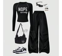 Set casual e versatile di maglietta e pantaloni per ragazze pre-adolescenti, con stampa di lettere e numeri, maglietta a girocollo a maniche lunghe e pantaloni a gamba larga, adatto per scuola, pendol