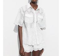 Set casual ed elegante da 2 pezzi in cotone bianco per primavera/estate e inizio autunno, adatto per la stagione della laurea e il 4 luglio, con design ricamato e traforato, stile moderno da resort, c
