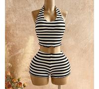 Set casual estivo da donna composto da top alla halter senza schienale a righe e pantaloncini, 2 pezzi L,M,S,XSA strisceTessuto