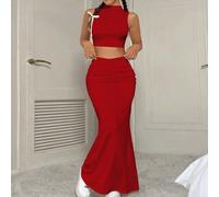 Set casual estivo da donna composto da una canotta con collo a stelo e una gonna a sirena, in colore unito, adatto come abbigliamento per il Capodanno L,M,S,XL,XSColore unicoTessuto in maglia