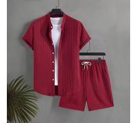 Set casual estivo da uomo composto da camicia a maniche corte con bottoni davanti e pantaloncini L,M,S,XL,XS,XXLColore unicoTessuto intrecciato