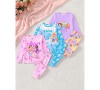 [Set casuale da 1] Set pigiama da casa 2 pezzi per bambina piccola, girocollo, maniche lunghe, pantaloni lunghi, stampa motivo stelle principessa dei sogni, stile dolce, cool e giocoso, in tessuto lav