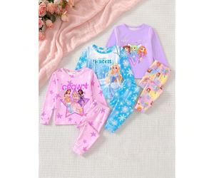 [Set casuale da 1] Set pigiama da casa 2 pezzi per bambina piccola, girocollo, maniche lunghe, pantaloni lunghi, stampa motivo stelle principessa dei sogni, stile dolce, cool e giocoso, in tessuto lav