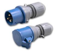 Set CEE con spina e giunto, 3 poli, 250V/16A, blu/grigio, morsetti a vite, ingresso cavo centrale, per dispositivi a spina, IP44