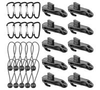 Set Clip per Teloni, 10 Pezzi Morsetti per Teloni Neri con Ganci, con 10 Pezzi Elastici con Palline e 10 Pezzi Moschettoni, Clip di Fissaggio per Teloni per Tende, Tendalini, Campeggio (Nero)