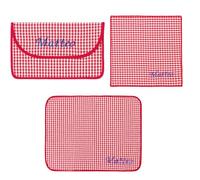 Set Colazione per Asilo 3 pezzi in Cotone Personalizzati: Tovaglietta Americana, Tovagliolo e Busta Porta Tovagliolo, Made in Italy, Fantasia Colorata (Rosso)