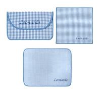 Set Colazione per Asilo 3 pezzi in Cotone Personalizzati: Tovaglietta Americana, Tovagliolo e Busta Porta Tovagliolo, Made in Italy, Fantasia Colorata (Azzurro)