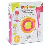 PRIMO - Colla Liquida Trasparente Colorata Ideale per Slime per Bambini, 2 Colle a Colori Fluo da 240 ml con Dosatore + Attivatore da 240 ml Set Valigetta Cartoleria per Lavoretti Creativi e Découpage