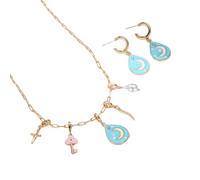 Set collana e orecchini con ciondolo a forma di luna - smalto, paillettes a forma di stella, Misura unica, Acciaio inossidabile, Nessuna pietra preziosa