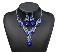 Set collana e orecchini con gemme blu, gioielli blu, occasioni speciali, design elegante in lega di zinco per matrimoni con vetro e strass, da donna