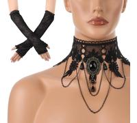 Set collana in pizzo gotico e guanti, girocollo vintage retrò e guanti da vampiro per feste di Halloween