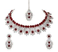 Set collana Kundan rosso rubino placcato al rodio con orecchini e Maang Tikka da donna, adatto per sposa, matrimoni, feste e occasioni festive, senza pietre preziose