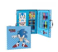 Set colorato con valigetta Sonic the Hedgehog per ragazzi e ragazze, astuccio da disegno blu con manico, include pennarelli, matite, pastelli, adesivi, forbici e righello, licenza ufficiale, regalo