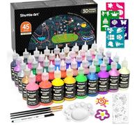 Set Colori per Tessuti Permanenti, Shuttle Art 45 Colore per Tessuti in 3D con Pennelli Palette Penna per Tessuto, Foglio Modello,Fluorescenti al buio, Glitterato, Colori Metallici T-shirt Jeans Vetro