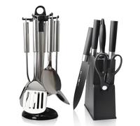 Set Coltelli da Cucina 12 Pezzi Set Utensili da Cucina in Acciaio Ceppo con 5 Coltelli Nero Argento Mestoli Affilacoltelli Adatto per Cucina Domestica