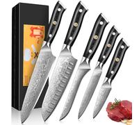 Set Coltelli da Cucina Damasco, Set di 5, Coltello da Chef Damasco con Lunghezze Della Lama da 8,2cm a 20.4cm Realizzati in 67 Strati di Acciaio Damasco con Manico G10 - Affilati e Bilanciati