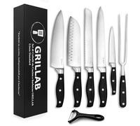 Set Coltelli da Cucina Professionali in Acciaio Inossidabile Ultra Affilati, 7 Pezzi, Manico Ergonomico e Antiscivolo Nero, Pelapatate e per Verdure, Forchettone da Barbecue