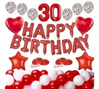 Set combinato di archi fai da te per padrini, per feste 1Happy Birthday Banner 1Number Foil 2Heart Foil 2Star Foil 10Plain Red 10Plain White e 6Red Confetti Palloncini 20 metri (rosso numero 30)