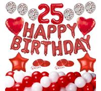 Set combinato di archi fai da te per padrini, per feste 1Happy Birthday Banner 1Number Foil 2Heart Foil 2Star Foil 10Plain Red 10Plain White e 6Red Confetti Palloncini 20 metri (rosso numero 25)