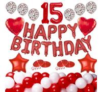 Set combinato di archi fai da te per padrini, per feste 1Happy Birthday Banner 1Number Foil 2Heart Foil 2Star Foil 10Plain Red 10Plain White e 6Red Confetti Palloncini 20 metri (rosso numero 15)