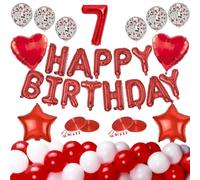 Set combinato di archi fai da te per padrini, per feste 1Happy Birthday Banner 1Number Foil 2Heart Foil 2Star Foil 10Plain Red 10Plain White e 6Red Confetti Palloncini 20 m Nastro (numero 7 rosso)