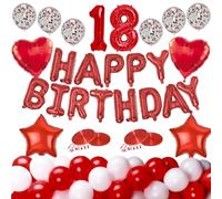 Set combinato di archi fai da te per padrini, per feste 1Happy Birthday Banner 1Number Foil 2Heart Foil 2Star Foil 10Plain Red 10Plain White e 6Red Confetti Palloncini 20 metri (rosso numero 18)