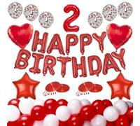 Set combinato di archi fai da te per padrini, per feste 1Happy Birthday Banner 1Number Foil 2Heart Foil 2Star Foil 10Plain Red 10Plain White e 6Red Confetti Palloncini 20 m Nastro (numero 2 rosso)