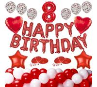 Set combinato di archi fai da te per padrini, per feste 1Happy Birthday Banner 1Number Foil 2Heart Foil 2Star Foil 10Plain Red 10Plain White e 6Red Confetti Palloncini 20 m Nastro (numero 8 rosso)