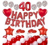 Set combinato di archi fai da te per padrini, per feste 1Happy Birthday Banner 1Number Foil 2Heart Foil 2Star Foil 10Plain Red 10Plain White e 6Red Confetti Palloncini 20 metri (numero rosso 40)