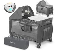 lionelo Sven 2in1 Box bambini dalla nascita fino 15kg Lettino pieghevole con Fasciatoio baldacchino Giocattoli Pendenti Ingresso laterale aggiuntivo Sistema LockGuard (Grey, Lettino Rettangolare)